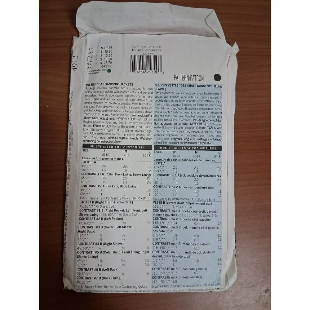 VTG 1997 Butterick Sewing Pattern 4912 Cat Dancing Jackets UNCUT Y2K 90s AK12